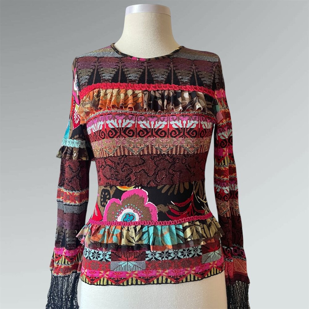 CHACOK French 90s Y2K Mixed Floral Print Mesh & Ruffle Knit Top